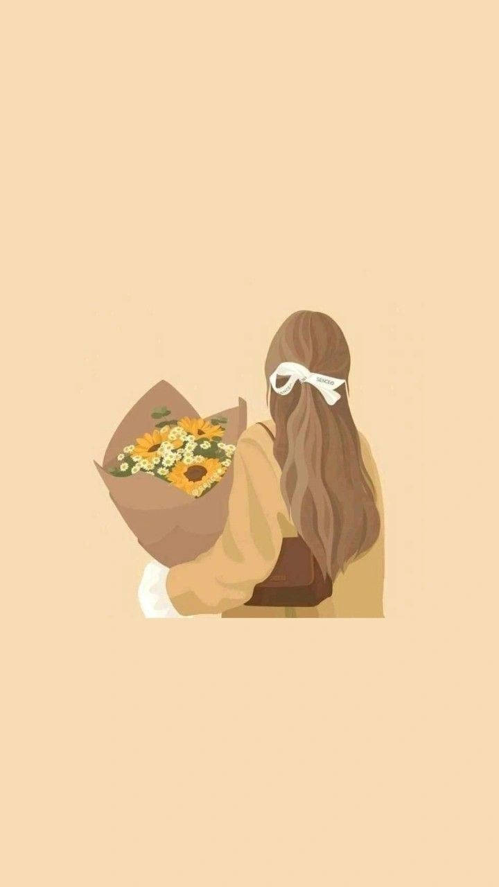والپیپر زن با دسته گل بژ زیبا برای گوشی — دختر زیبا والپیپر