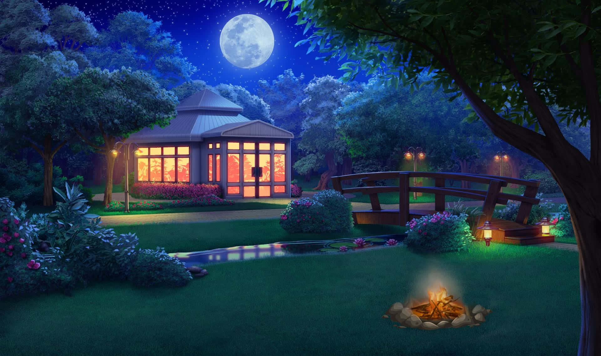 پارک با آسمان شب مهتابی در پسزمینه بیرونی والپیپر