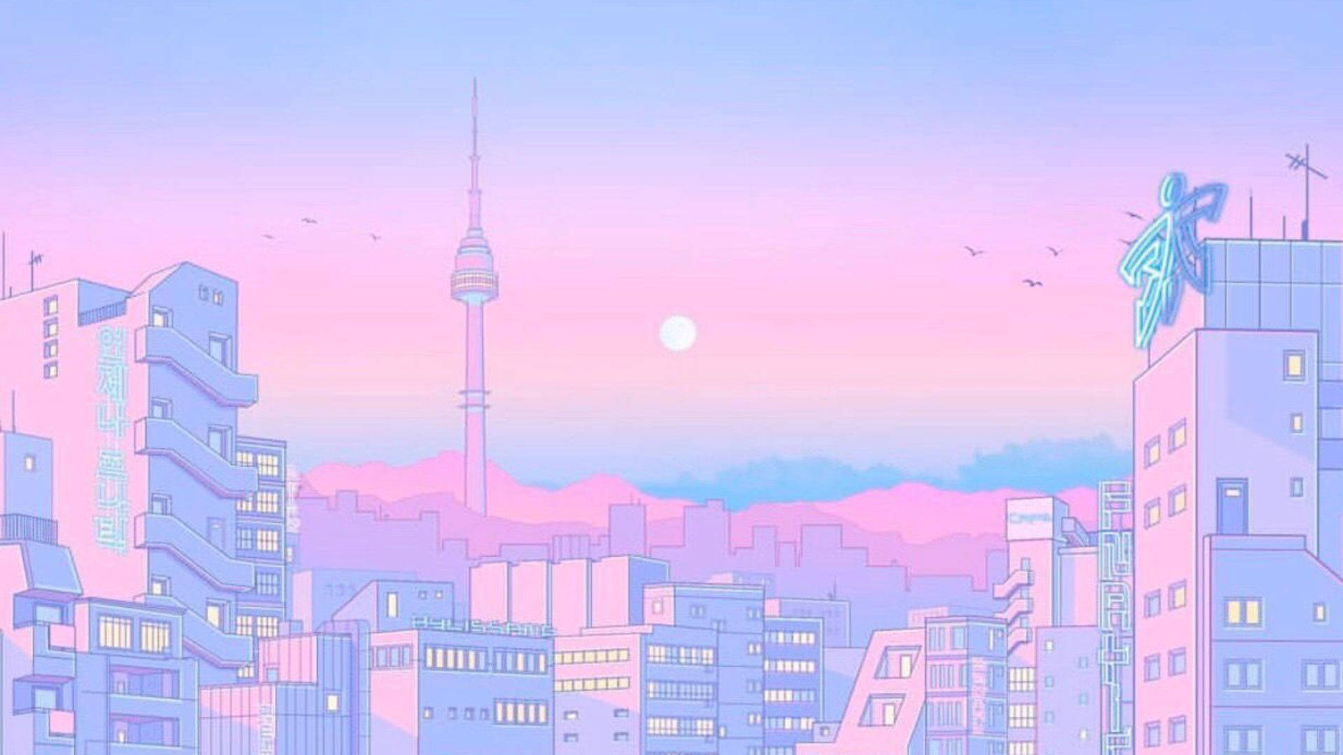 پاستل صورتی افق شهر زیبا برای لپ‌تاپ تم Tumblr — زیبایی شناسی لپ تاپ گیف والپیپر