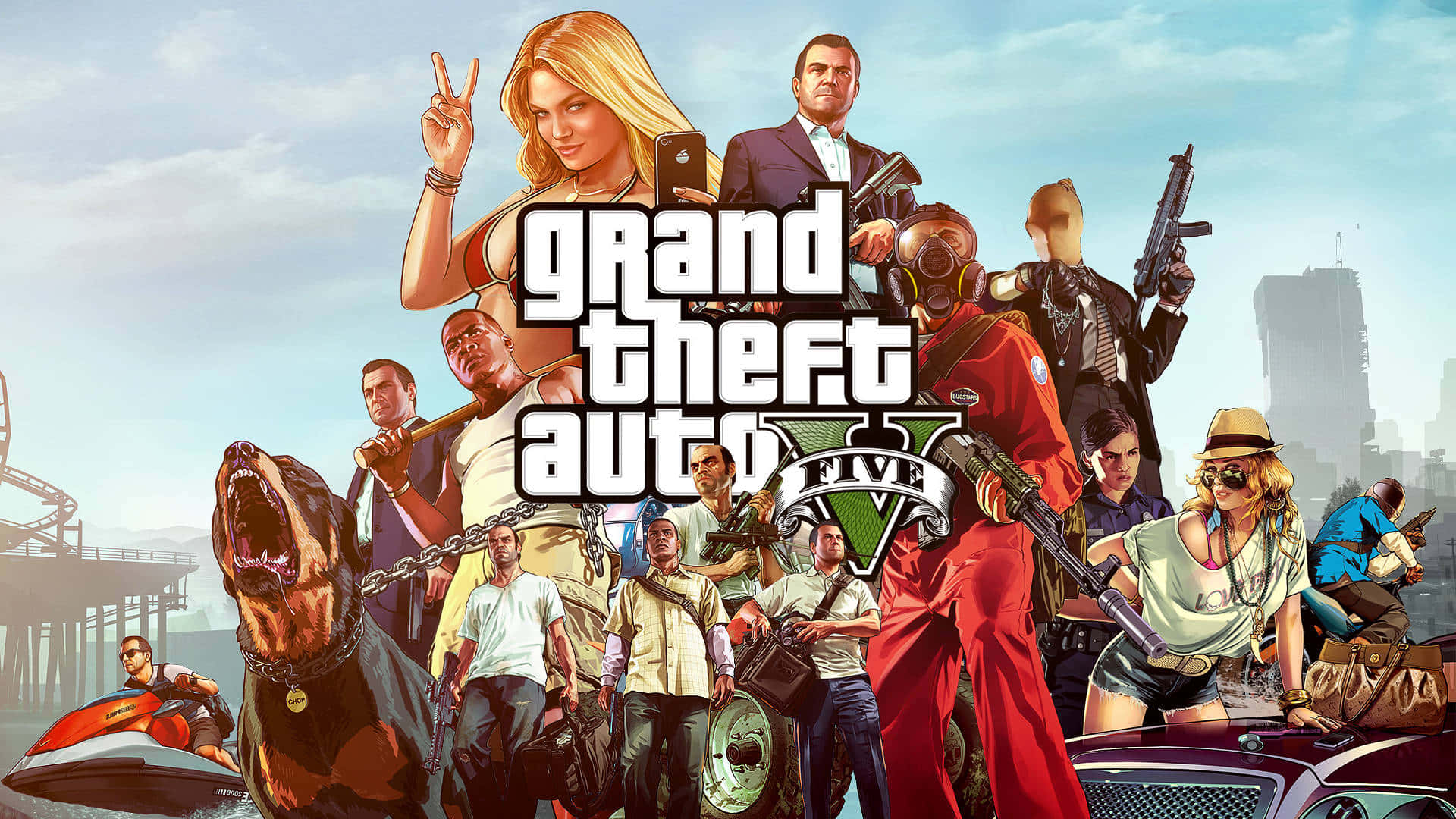 پس‌زمینه جی‌تی‌ای با شخصیت‌های صفحه بارگذاری Grand Theft Auto Five والپیپر