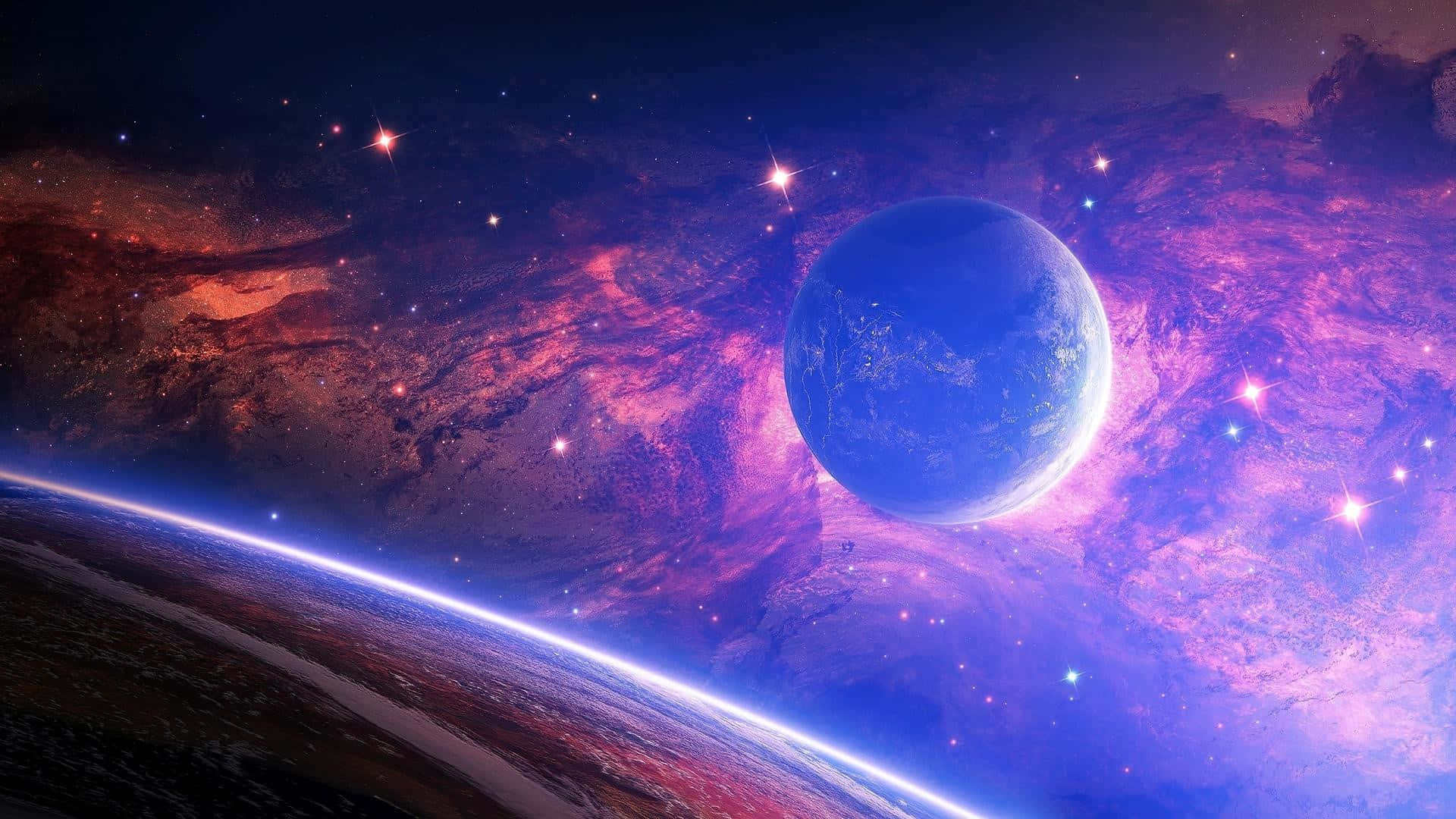 پس‌زمینه میزکار فضایی با سیارات و نور درخشان والپیپر