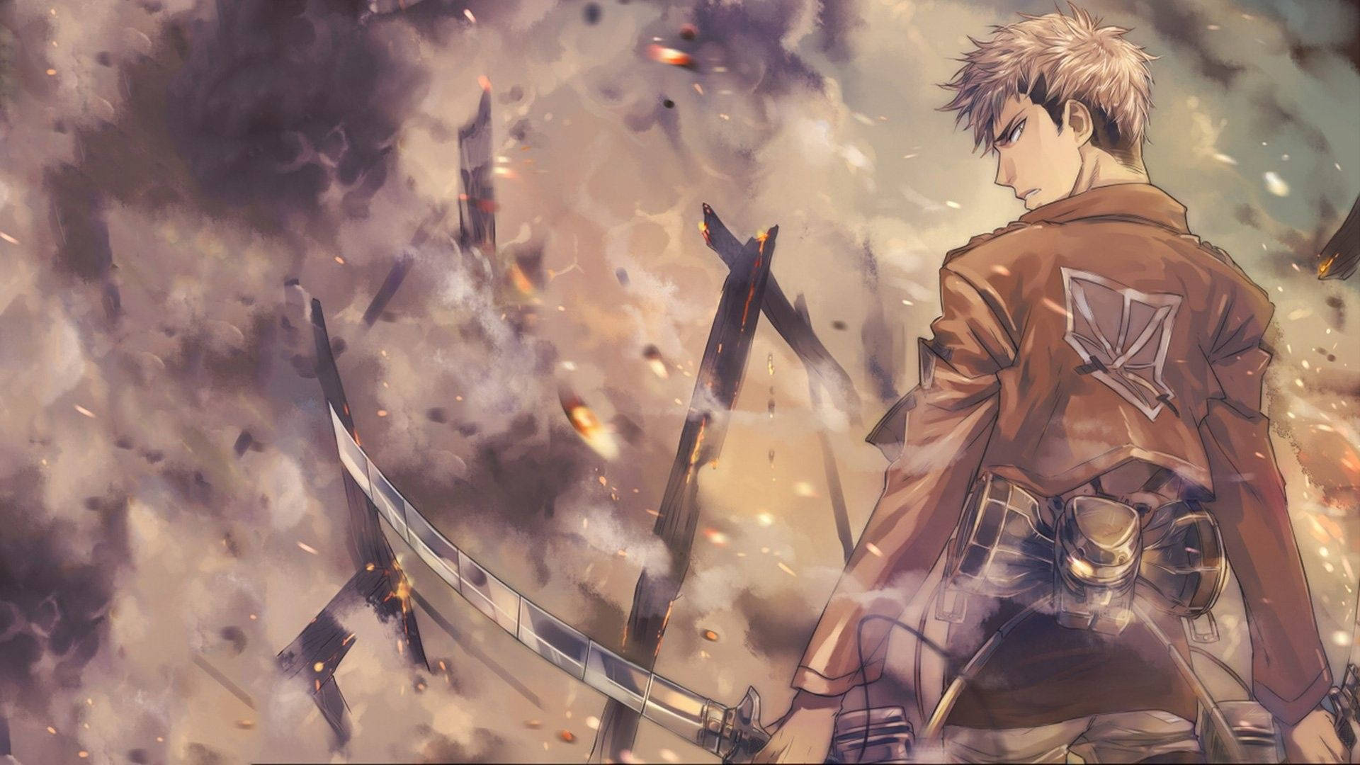 ژان کیرشتاین با لباس سپاه آموزشی در میان دود در والپیپر هنری Attack On Titan.