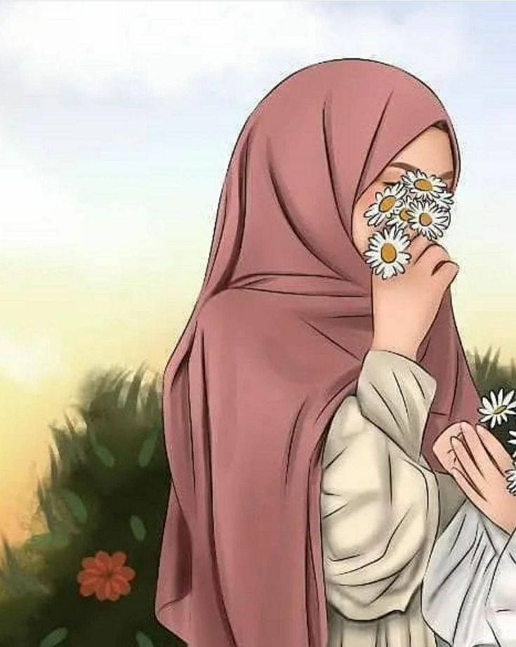 کارتون حجاب با گل‌های سفید — گل متحرک والپیپر