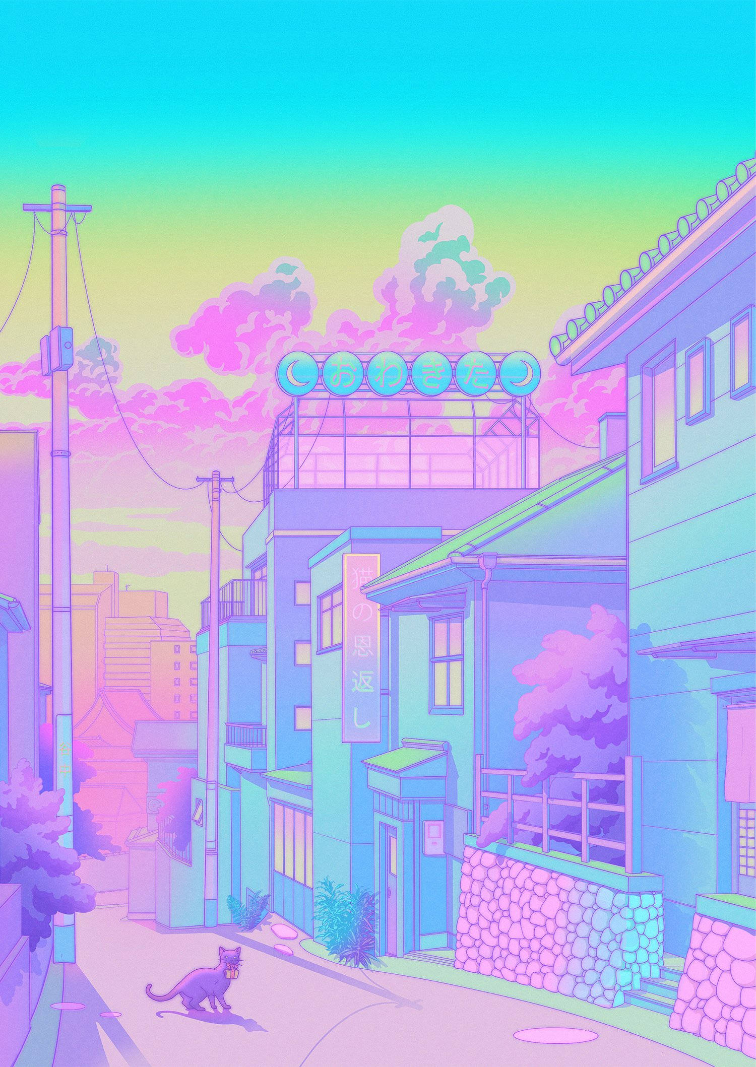گربه محله در زیبایی شناسی پاستلی ژاپنی والپیپر