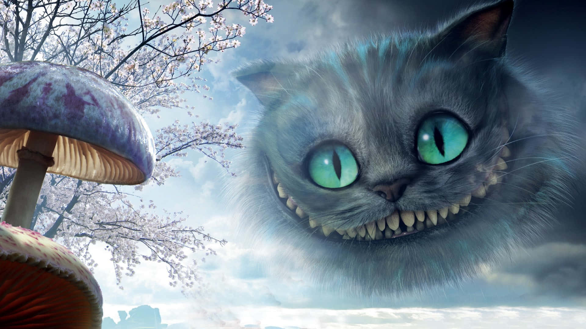 گربه چشایر غول‌پیکری در نور ستارگان با لبخندی حیله‌گر والپیپر