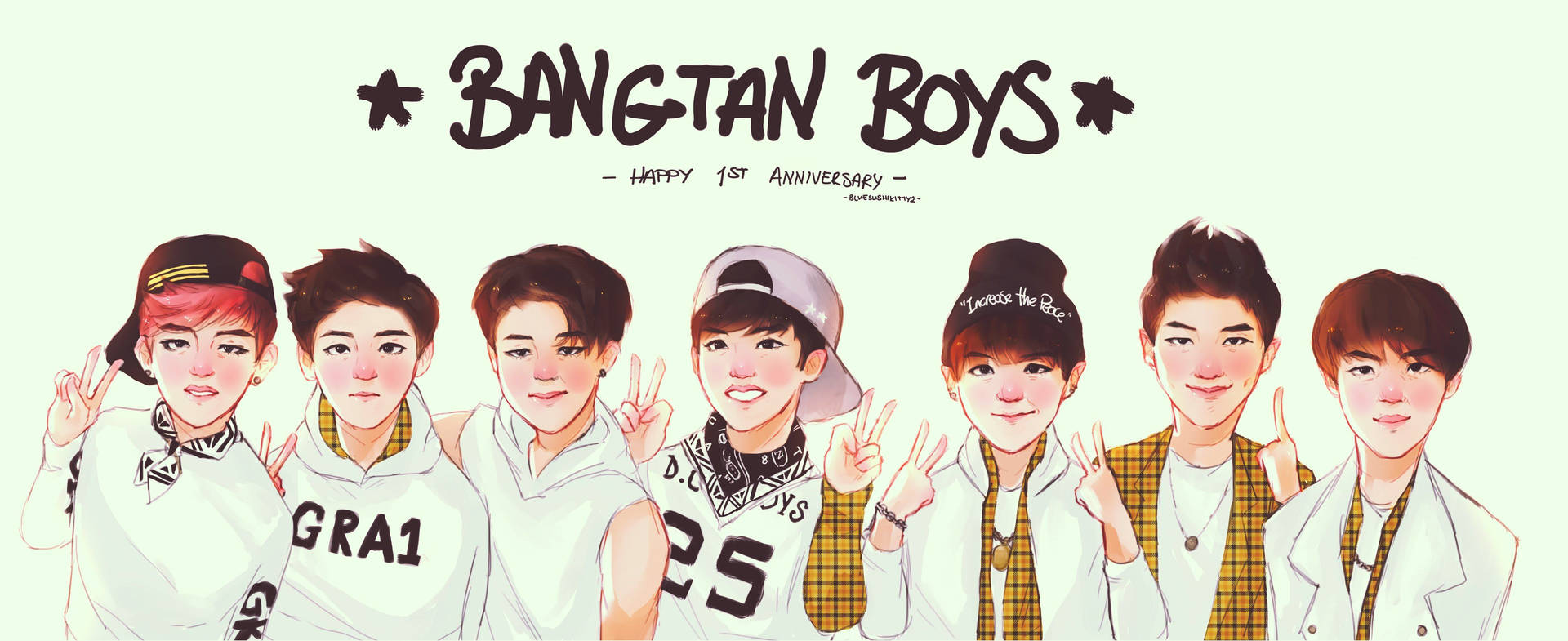 فن‌آرت کارتونی پسران BTS با پس‌زمینه‌ای بامزه.