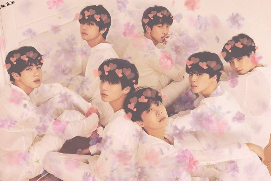 گروه بامزه BTS با هاله‌های قلب در عکاسی رویایی والپیپر