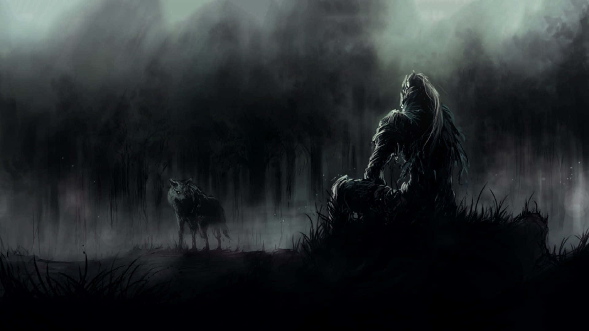 گرگ و مرد در Dark Souls با پس‌زمینه سیاه 1920x1080 والپیپر