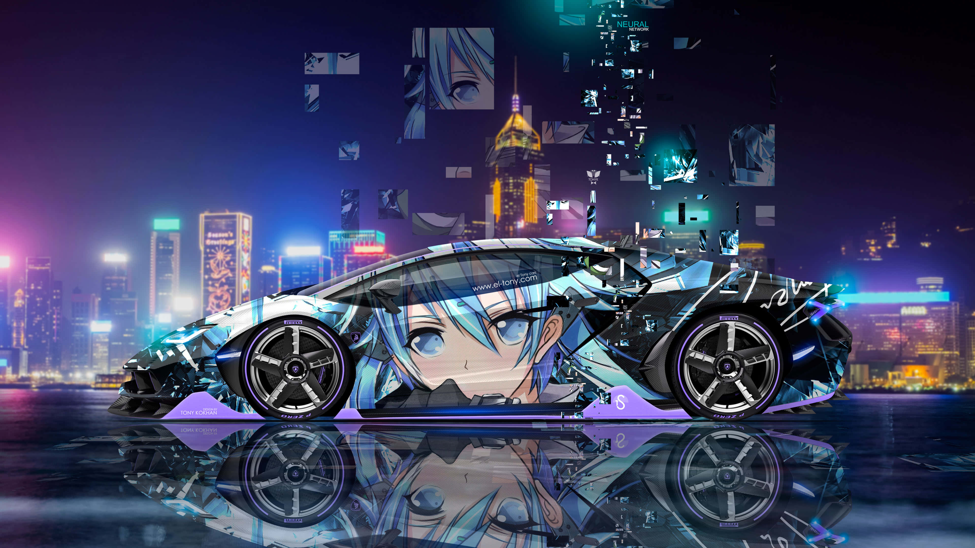 یک ماشین انیمه‌ای قدرتمند، آماده برای مسابقه در دل شب والپیپر