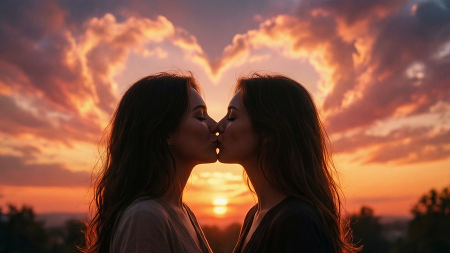 بوسه سیلوئت یک زوج دگرباش در غروب با ابرهای قلبی‌شکل.
