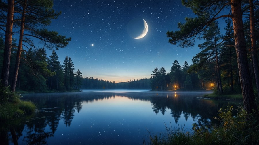 یک کاغذدیواری هنری آرامش‌بخش با طراحی دریاچه شب و انعکاس ماه.
