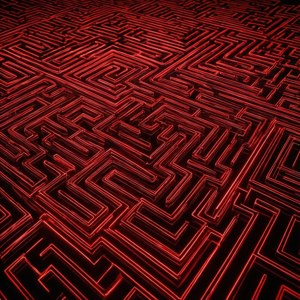 الگوی هزارتوی قرمز نئونی هیپنوتیزم‌کننده با خطوط درخشان. — نئون قرمز والپیپر