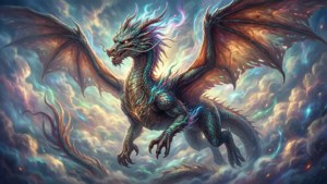 اژدهای باشکوه الهی در آسمان‌ها، غرق در نور عرفانی.