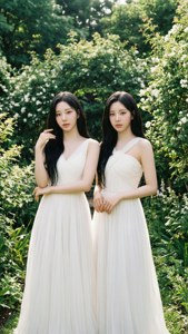 TWICE با لباس‌های سفید در باغی سرسبز با نور ملایم خورشید. — 트와이스 والپیپر