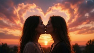 بوسه سیلوئت یک زوج دگرباش در غروب با ابرهای قلبی‌شکل.