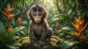بچه میمون دوست‌داشتنی روی صخره‌ای خزه‌ای در جنگل استوایی با نور ملایم خورشید نشسته است — میمون بامزه والپیپر