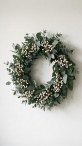 یک تاج گل اکالیپتوس ساده روی دیوار سفید، به سبک اسکاندیناوی. — کریسمس زیبا والپیپر