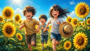 بچه‌های انیمه‌ای در یک روز تابستانی روشن در مزرعه آفتابگردان در حال بازی.