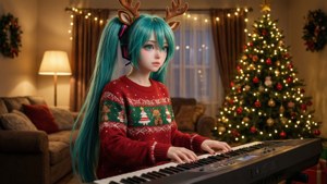 هاتسونه میکو در حال نواختن کیبورد با بلوز کریسمس