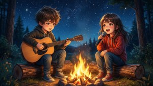 بچه‌های انیمه‌ای در حال آواز خواندن و نواختن گیتار دور یک آتش‌افروزی زیر ستاره‌ها.