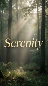طلایی کمرنگ «Serenity» بر فراز جنگلی مه‌آلود با پرتوهای نور، زیبایی‌شناسی طبیعت آرام. — کلمات زیبا والپیپر