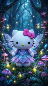 هلو کیتی در نقش یک پری در یک جنگل افسونده کاوش می‌کند. — Hello kitty گیف والپیپر