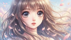 پرتره‌ای خیره‌کننده به سبک مانگا از دختری با گلبرگ‌ها.