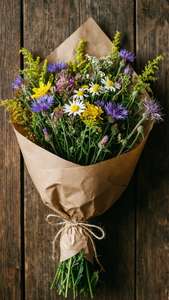 دسته گل وحشی در کاغذ قهوه‌ای روی چوب، طبیعی و دنج روستیک. — گل زیبا والپیپر