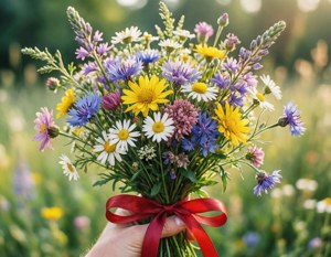 دستی که یک دسته‌گل وحشی را با روبان قرمز گرفته است، زیبایی‌شناسی عشق تازه. — عشق زیبا والپیپر