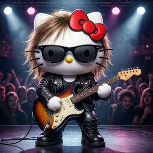 هلو کیتی با گیتارش روی صحنه راک می‌زند. — Hello kitty گیف والپیپر