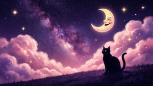 آسمان شب کهکشانی زیبا و رویایی با ماه خندان و سایه گربه — زیبای بامزه والپیپر