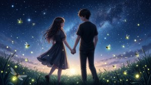 یک زوج انیمه زیر آسمان پرستاره با کرم‌های شب‌تاب. — انیمه زیبایی شناسی گیف والپیپر