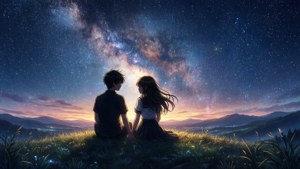 سیلوئت زوج انیمه زیر آسمان پرستاره — انیمه کاپل گیف والپیپر