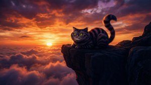 سیلوئت گربه چشایر در برابر غروب رنگارنگ خورشید. — گربه چشایر والپیپر