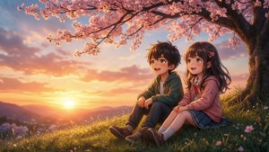 دو کودک انیمه‌ای از غروب آرام زیر درختان شکوفه گیلاس لذت می‌برند.