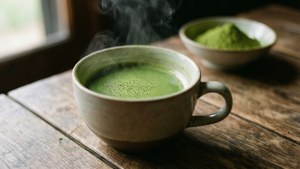 فنجان چای سبز ماچا روی میز چوبی.