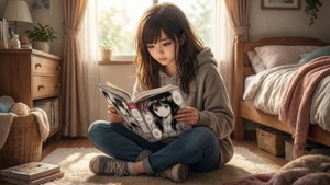 صحنه‌ای آرام از دختری که در اتاقش از مانگا لذت می‌برد. — مانگا گیف والپیپر