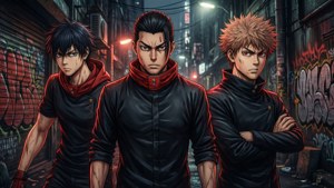 یک والپیپر گروهی دراماتیک از مایکی، دراکن و تاکمیچی از انیمه Tokyo Revengers در یک کوچه تاریک. — توکیو ریونجرز والپیپر