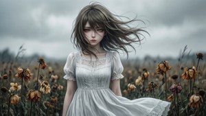یک دختر انیمه در یک مزرعه پژمرده، غمگین و بادخورده. — انیمه غمگین گیف والپیپر