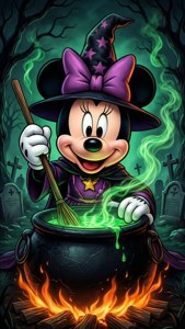 مینی ماوس به شکل جادوگر در حال تهیه معجون در گورستانی ترسناک.
