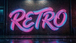 یک تابلوی نئون درخشان با نوشته «RETRO» در فضای شبی بارانی. — حالت رترو والپیپر