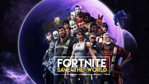 تصویر زمینه ترکیبی از چندین شخصیت از حالت نجات جهان فورت‌نایت با کره زمین
