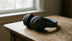 صحنه‌ای آرام از هدفون روی میز چوبی در نور ملایم. — موسیقی زیبایی‌شناختی والپیپر