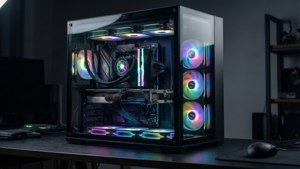 یک پی‌سی گیمینگ مینیمال و پیشرفته با اجزای درخشان RGB. — گیف بازی والپیپر