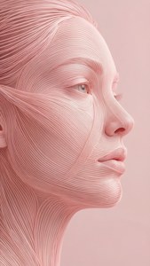 یک چهره انتزاعی مینیمال به رنگ صورتی روشن، مدرن و هنری.