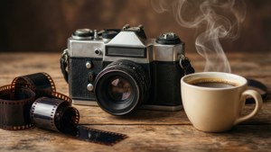 یک کاغذدیواری هنری و زیبا از یک دوربین قدیمی و قهوه. — هنر زیبایی شناسی والپیپر