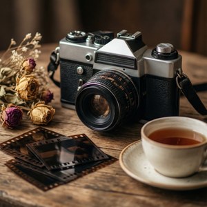 دوربین قدیمی با نگاتیوهای فیلم و گل‌های خشک. — ایندیز استتیک گیف والپیپر