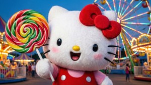 هلو کیتی از کارناوالی شاد با یک آبنبات چوبی بزرگ لذت می‌برد. — Hello kitty گیف والپیپر