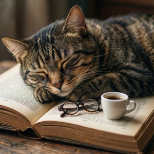 گربه‌ای که روی کتابی با عینک و قهوه خوابیده است. — گربه والپیپر