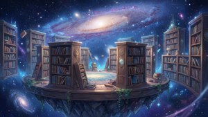 صحنه‌ای انیمه‌ای و خیال‌انگیز از کتابخانه‌ای شناور در فضا — انیمه منظره گیف والپیپر
